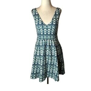 Maeve Dress Women 8 Abstract Double V Neck Skater Back Cut‎ out Sleeveless Blue
